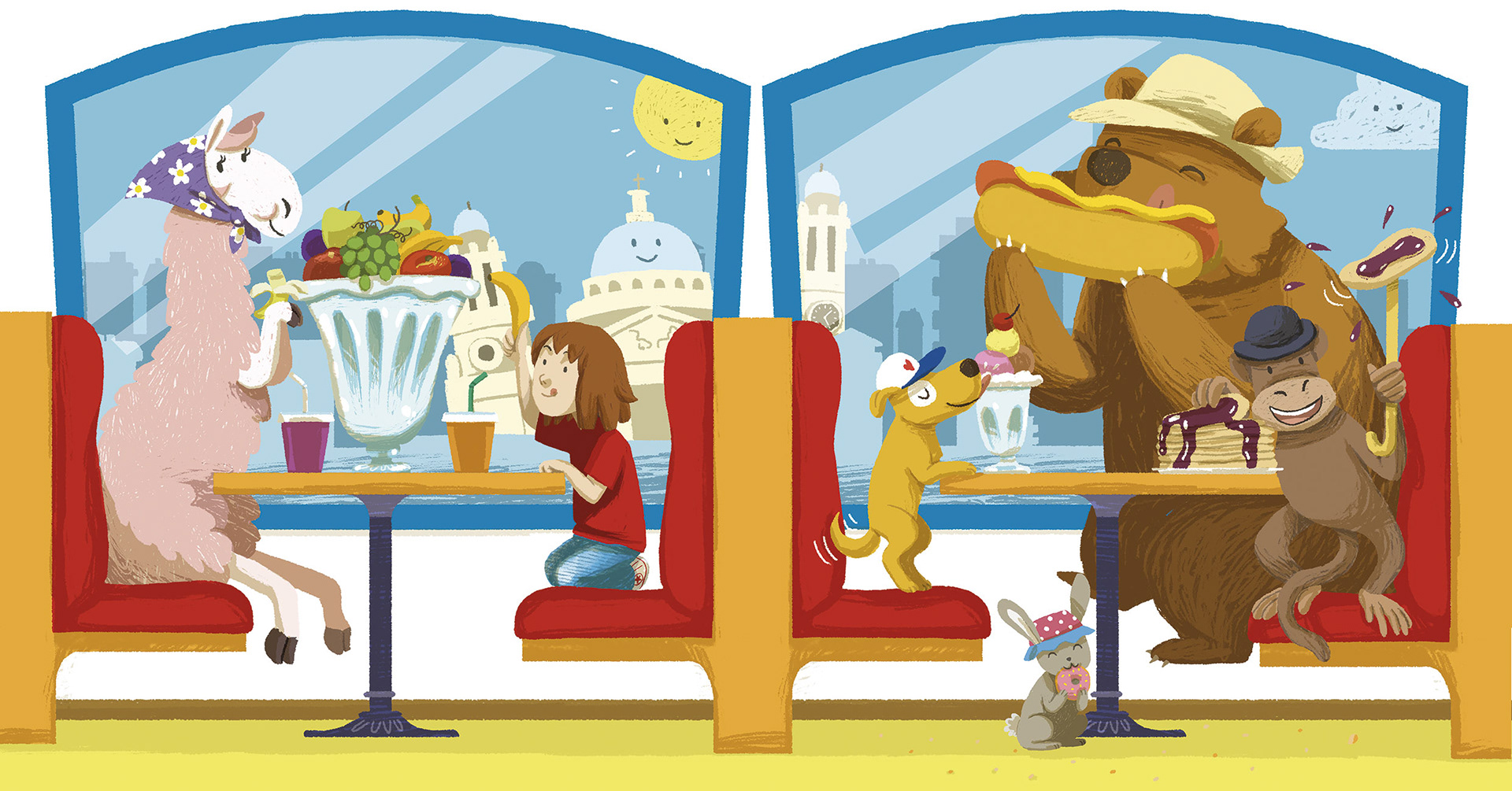 Illustration for a picture book, coffee shop close to Saint Pauls cathedral in London