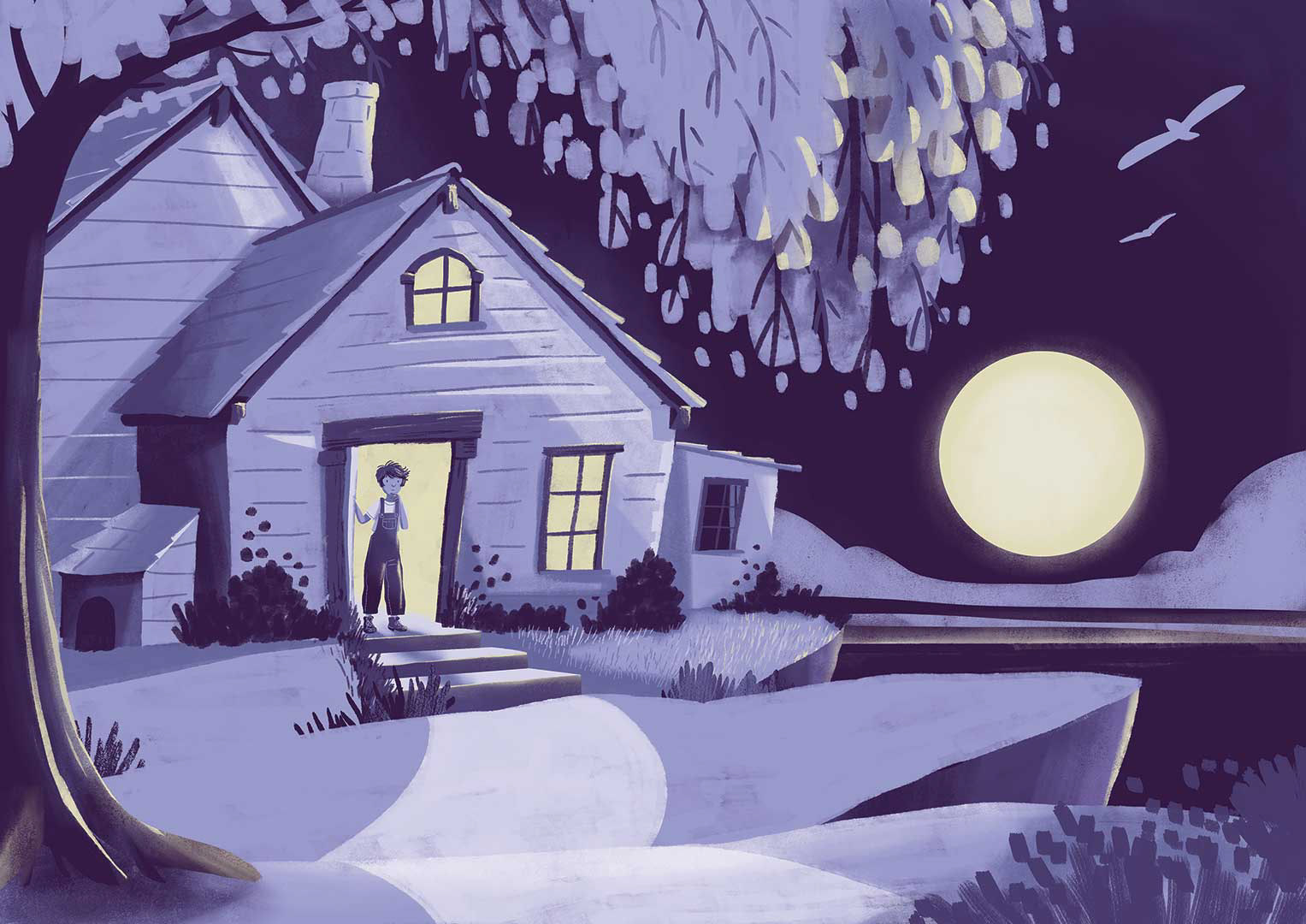 Illustration of a mysterious house on a full moon night.