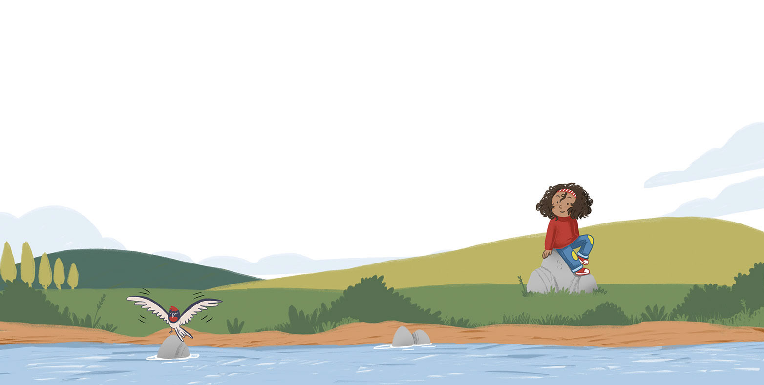 Ilustración para libro infantil publicado por Anaya, hecha por Cinta Villalobos. Una niña mira mira un pájaro