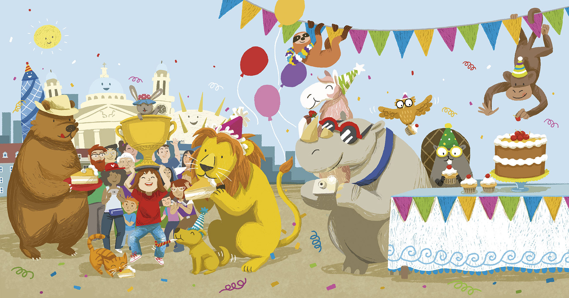 Illustration of a boy and his animal friends at a party in London