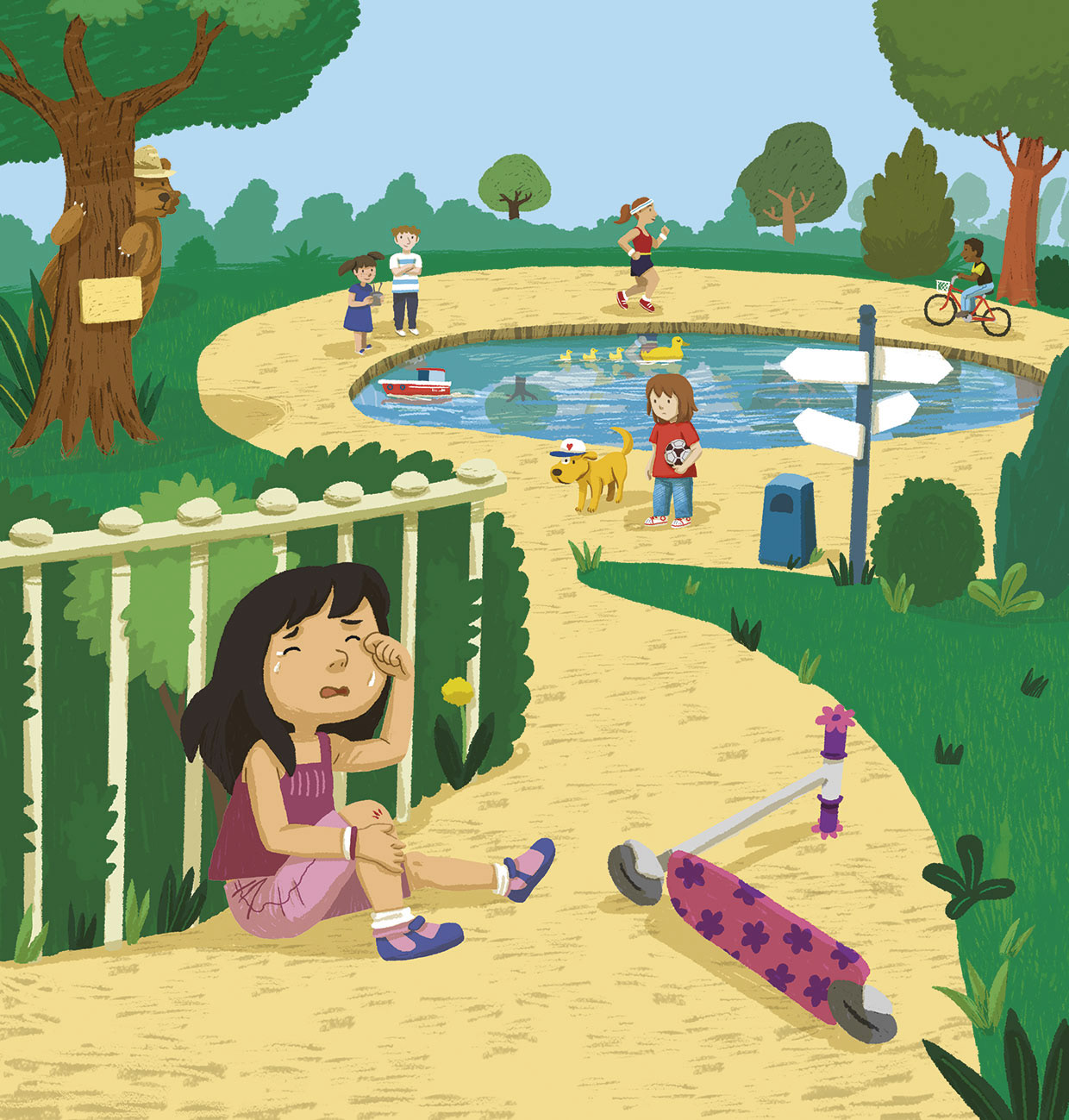 Illustration of a park, a girl is crying