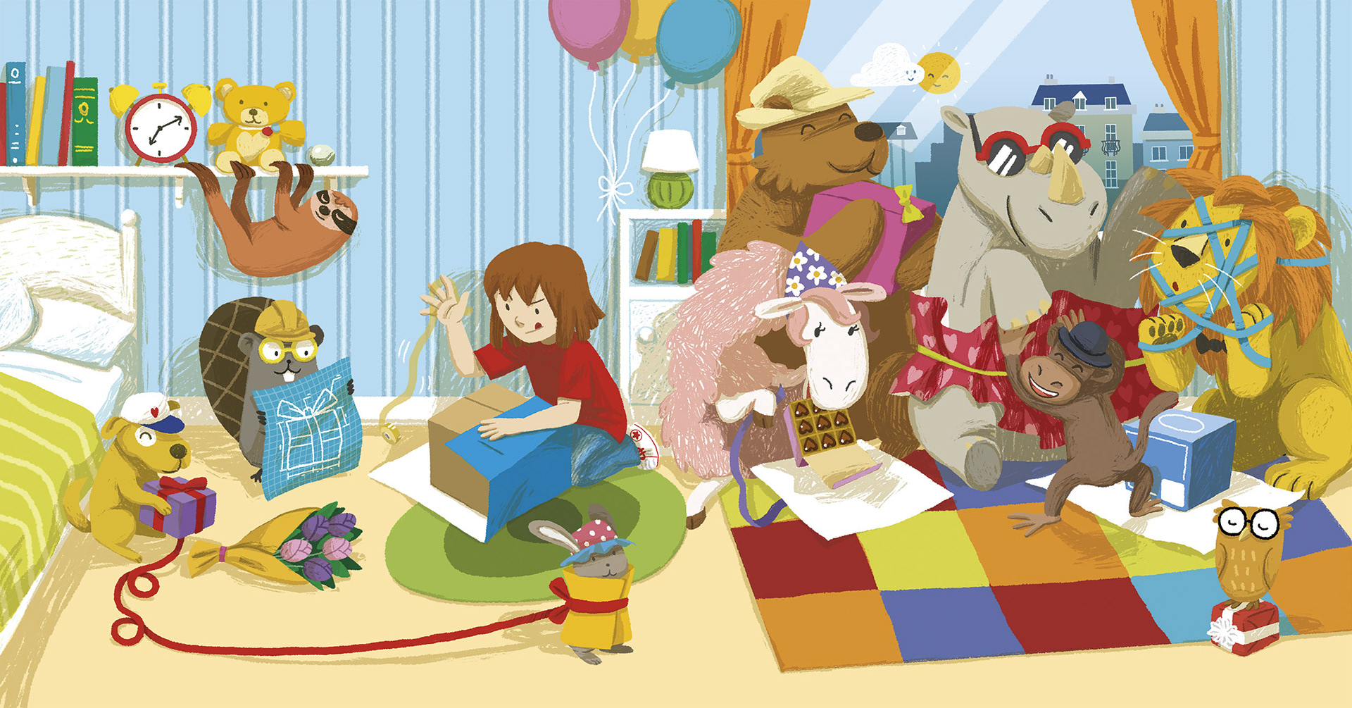 Illustration of a boy and his animal friends wrapping a gift