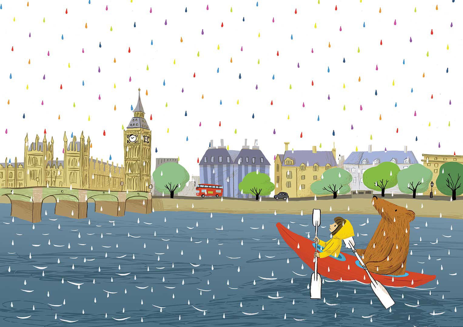 Ilustración de Fanny y el oso Fran en el río de Londres ("Fanny im Regenglück", publicado por Atlantis)
