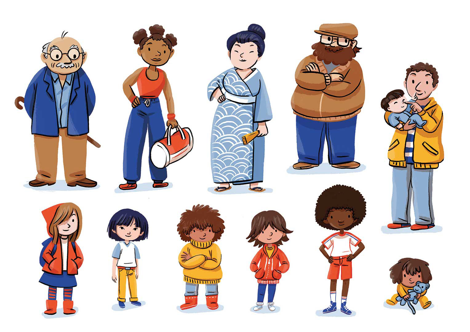 Ilustraciones de personajes variados para libro infantil.