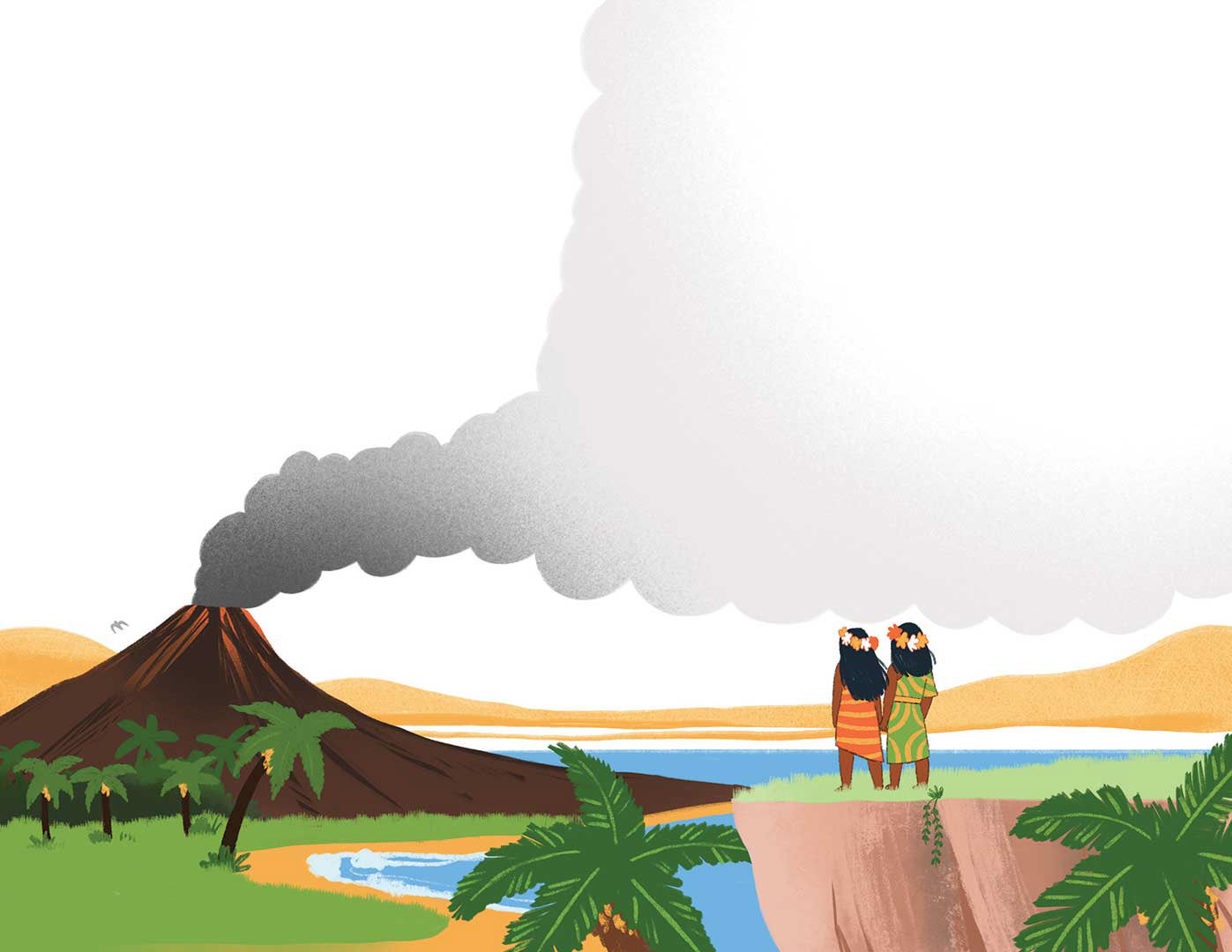 Illustration of two women watching the eruption of a volcano.