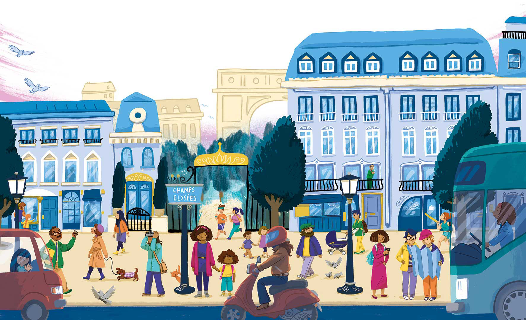 Double-page illustration of Paris (Champs Elysées).
