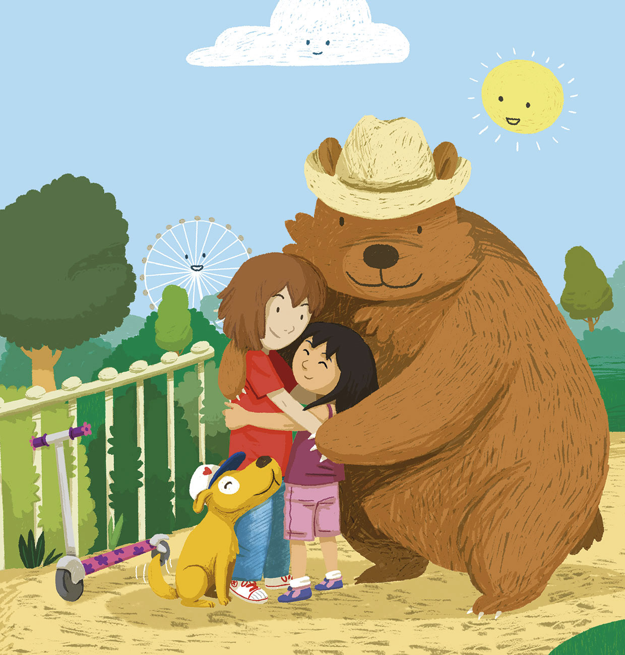 Illustration of a park close to the London Eye, a bear hugs two kids