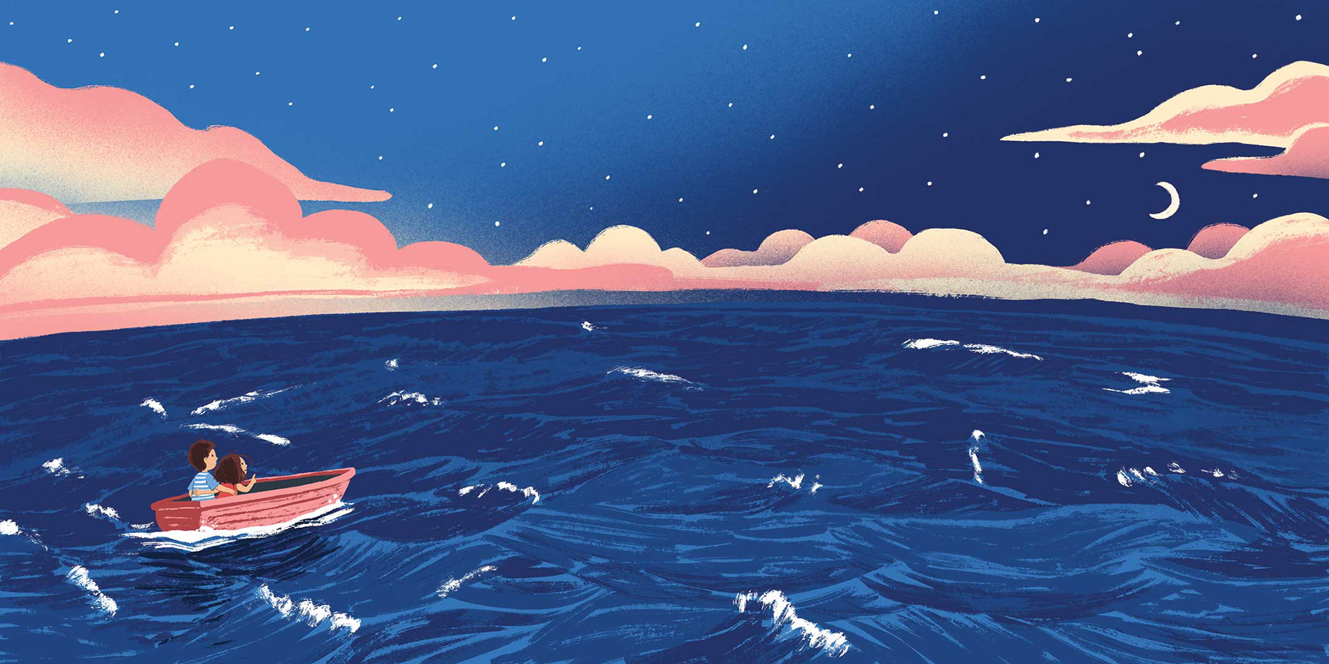 Ilustración de dos niños náufragos en el mar.