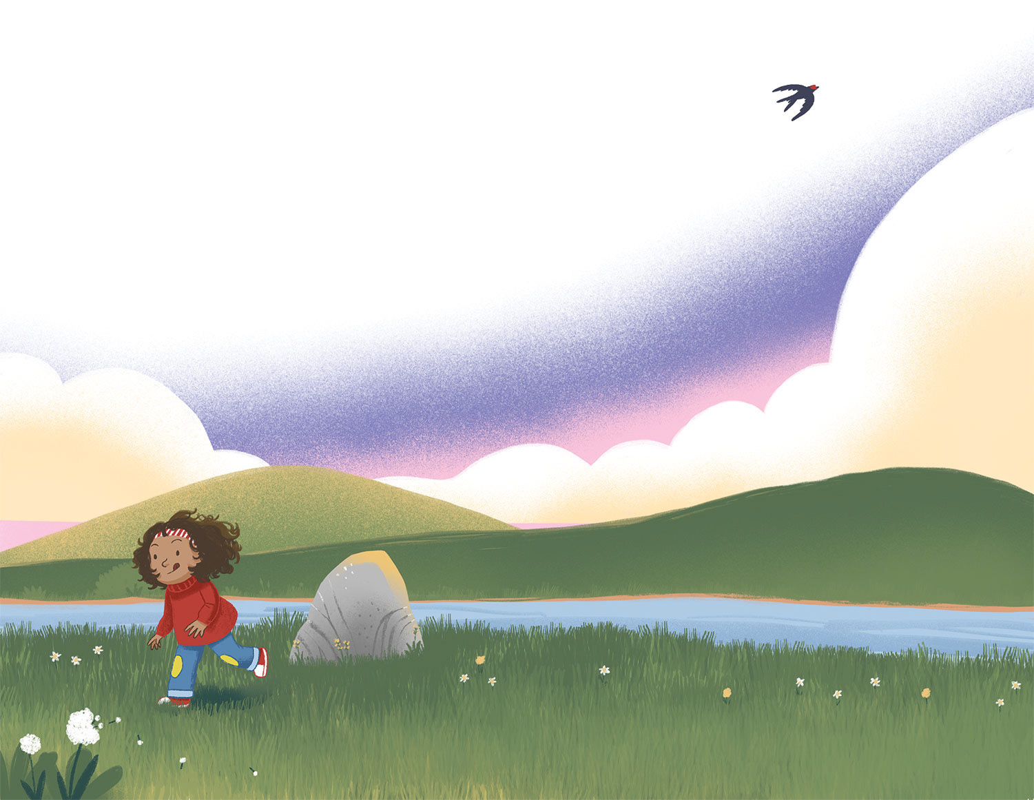 Ilustración para doble página de libro infantil ("Casilda y el pájaro viajero", Anaya).