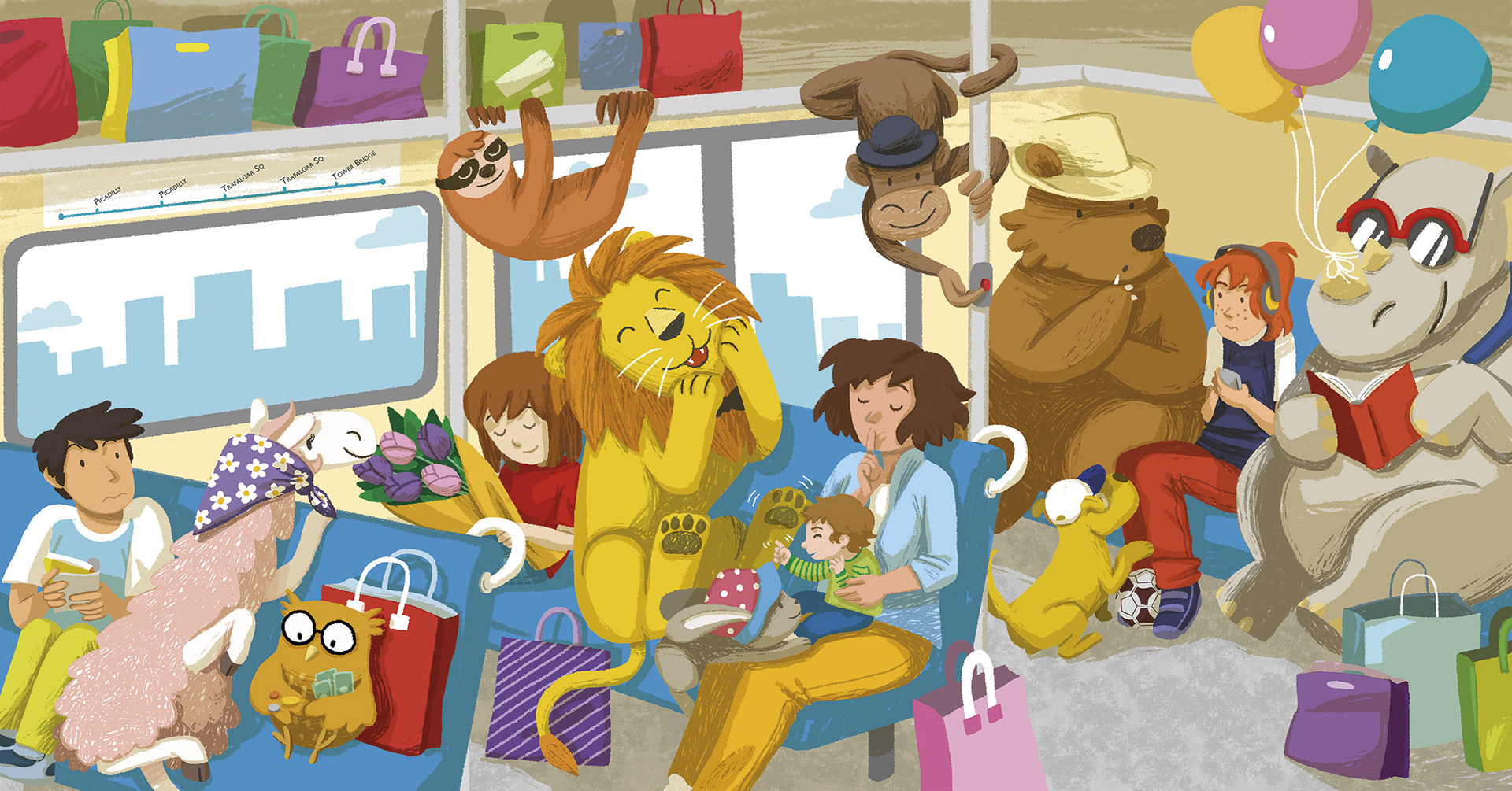 Illustration of a boy and his friends in a bus in London