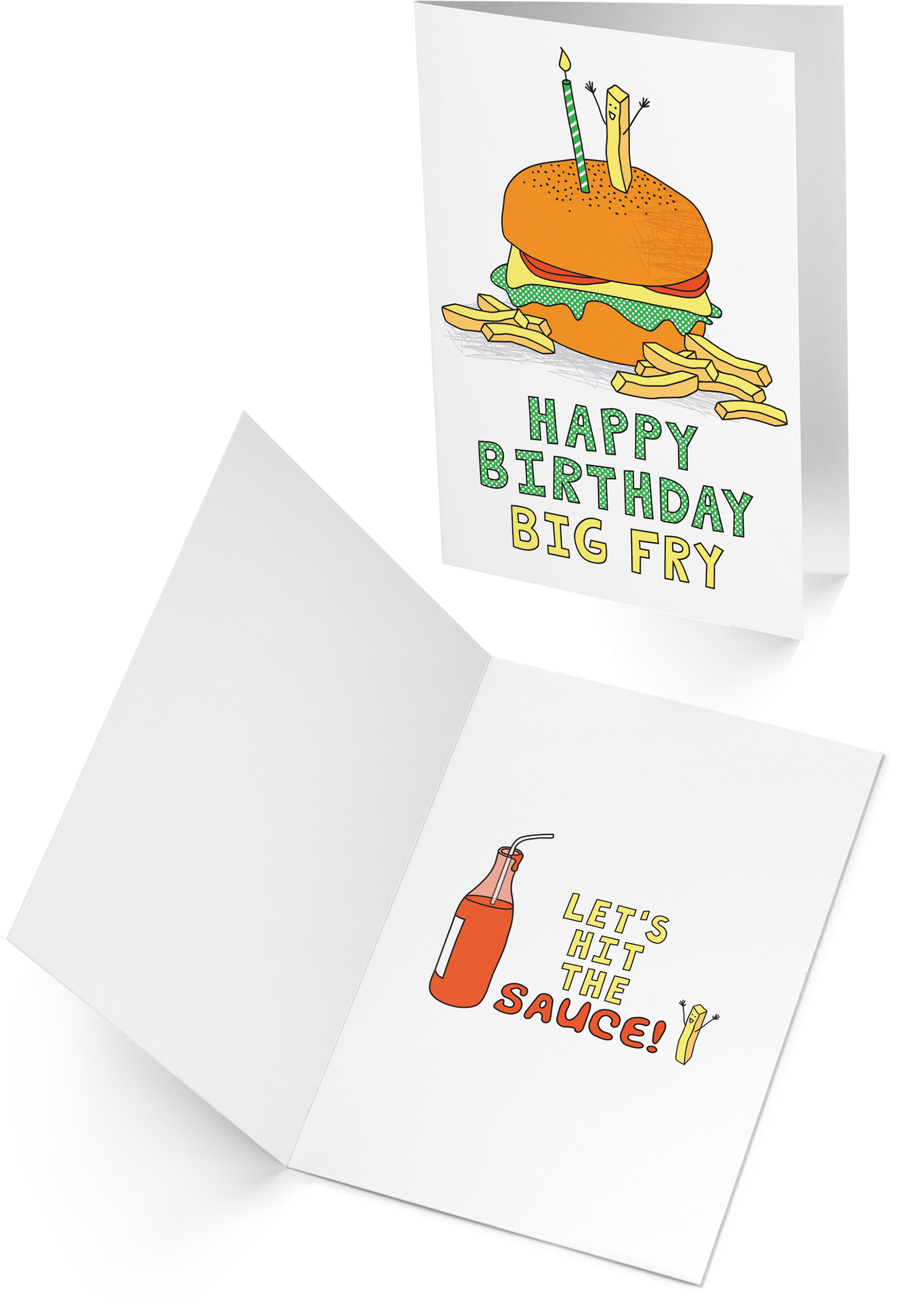Birthday card design showing outside and inside illustrations; hamburger, chips and sauce..
