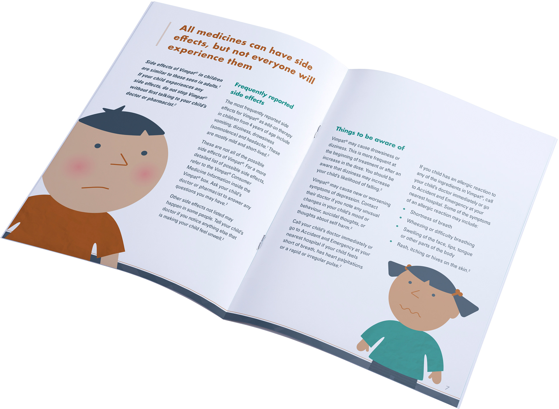 Internal spread design of medical booklet designed for parents of children with epilepsy, showing boy and girl character illustrations feeling unwell.