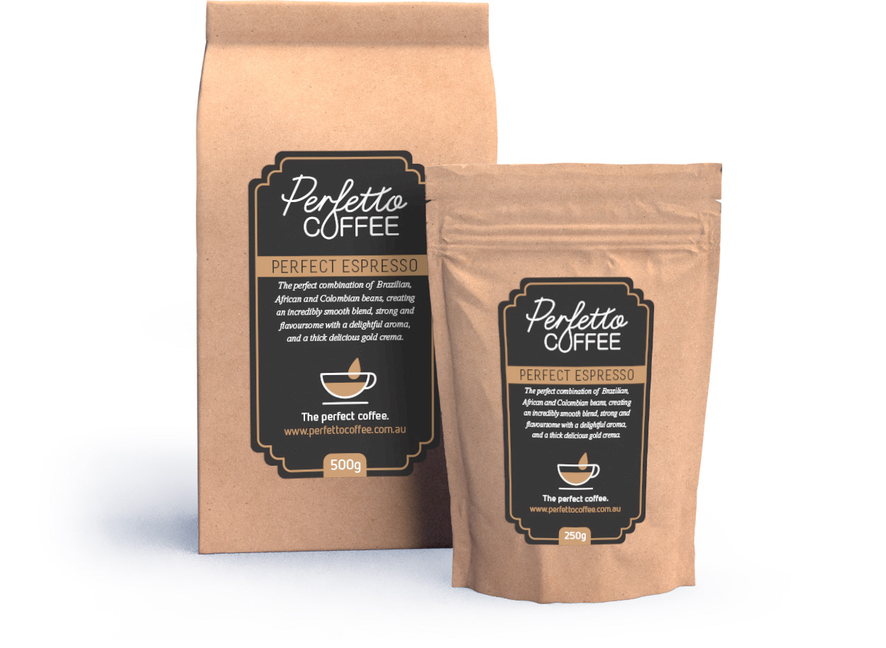 Coffee sticker labels on brown coffee bean bag. Branded coffee pacakging.