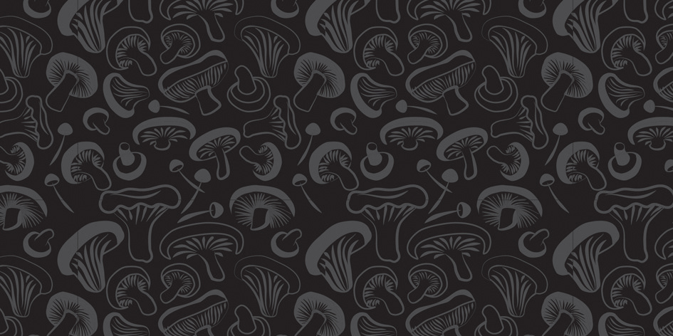 Illustrated mushroom pattern on black background..