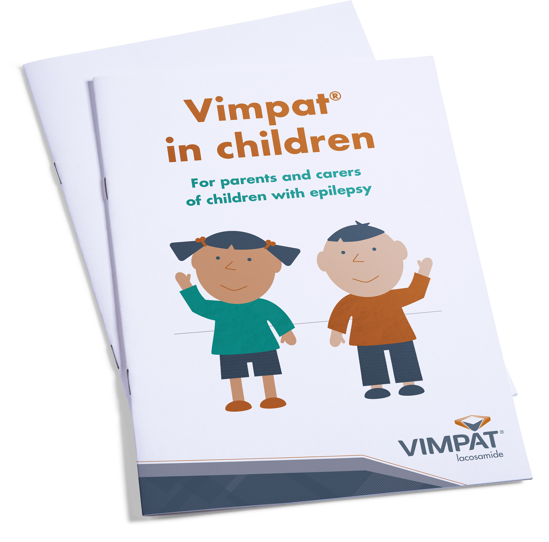 Cover design of medical booklet designed for parents of children with epilepsy, showing boy and girl character illustrations waving.