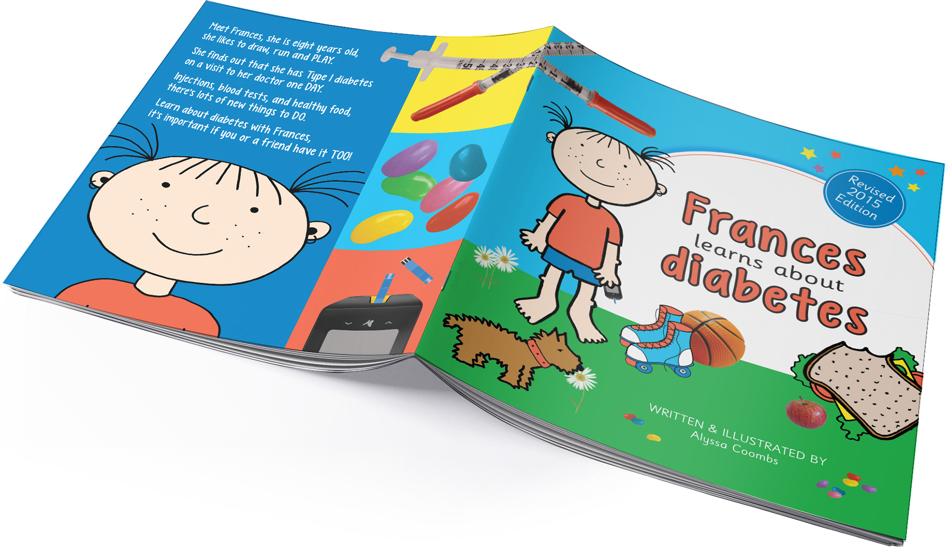 Colourful illustrated cover design of the children's book 'Frances Learns About Diabetes'.