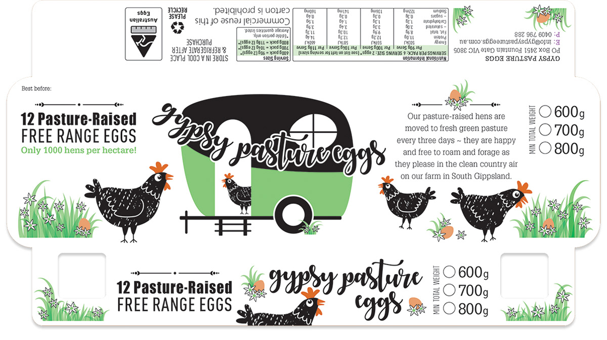 Flat egg carton label design with illustrations of hens in grass with central caravan logo design.