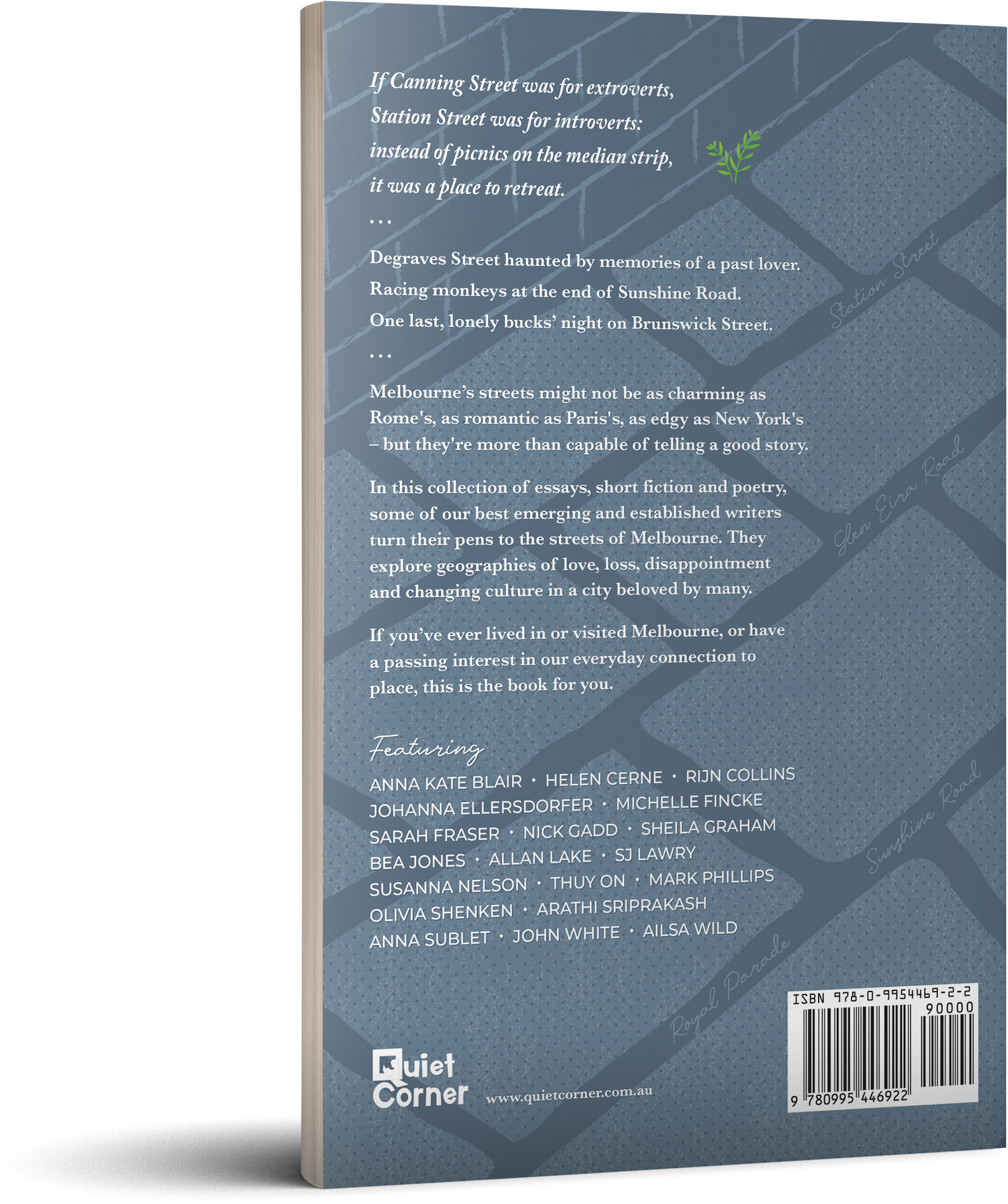 Back of book cover design with illustration of Melbourne’s bluestone.