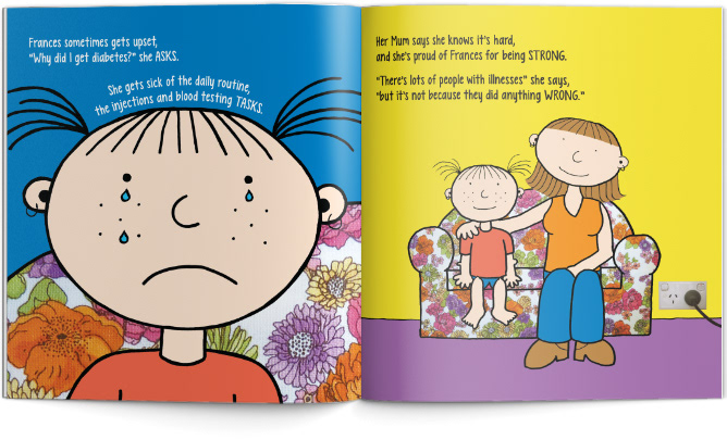Internal spread showing the main character Frances feeling sad and then being consoled by her mother whilst sitting on a floral couch.