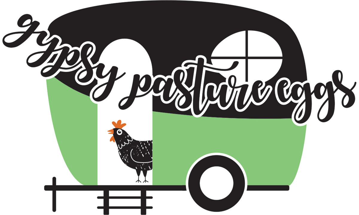 Illustrated logo design with free range hen and caravan.