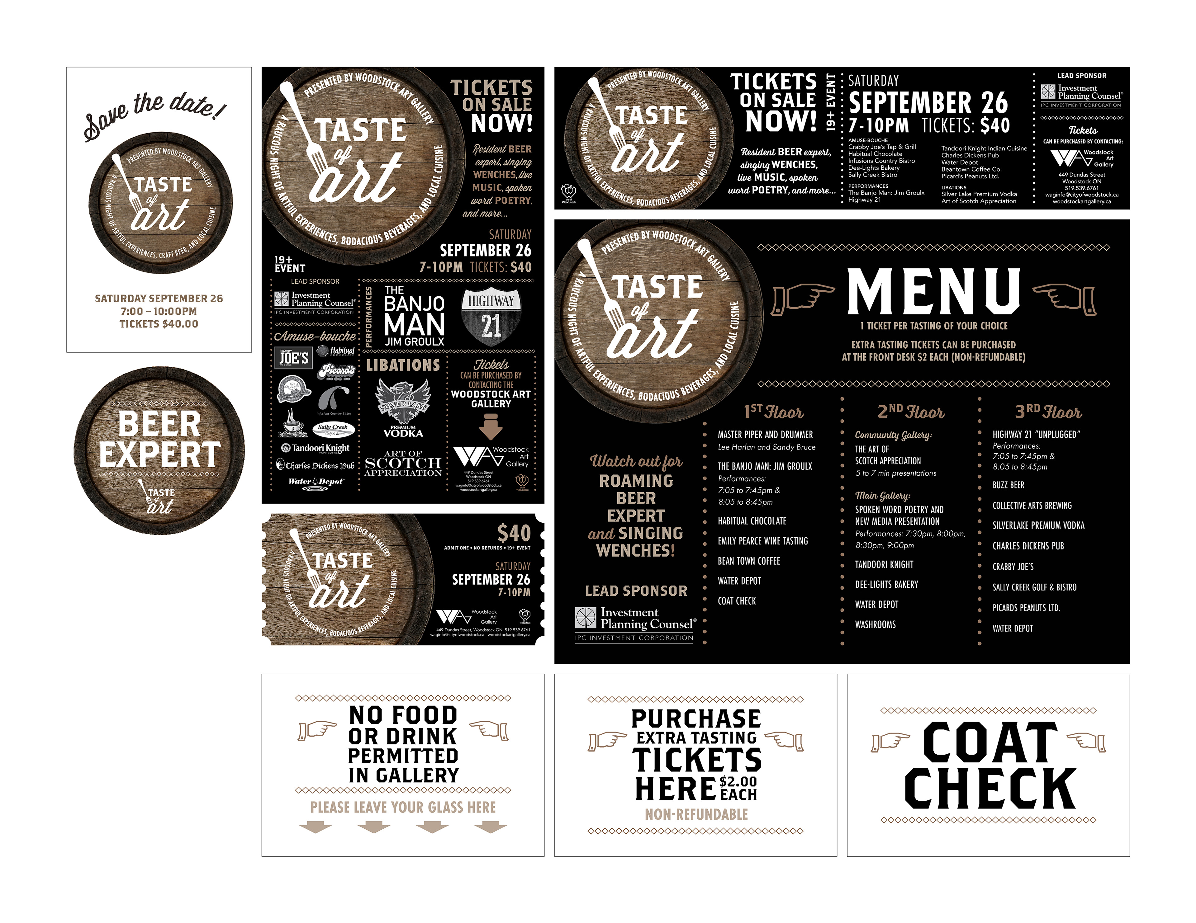 event logo, posters, print ads, tickets, menu panel, name tag, signage