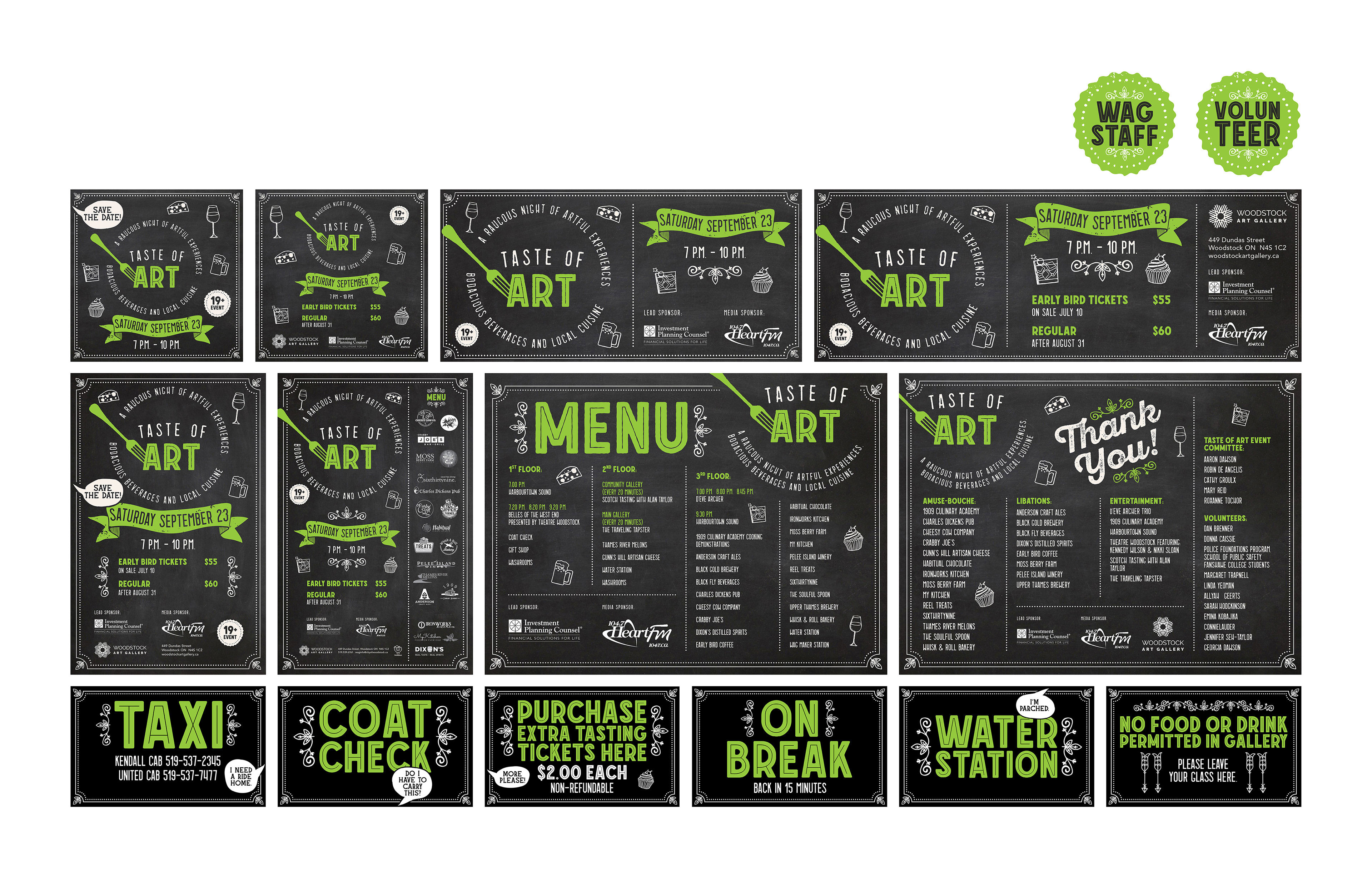 event logo, social media ads, print ads, posters, menu panel, thank you panel, signage