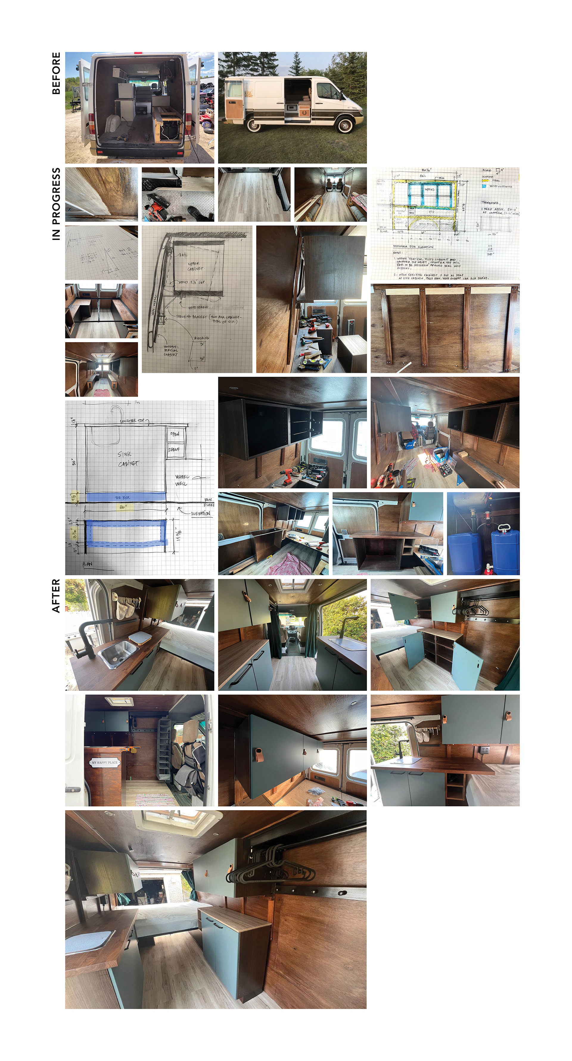 van interior rebuild: sanded and stained existing insulated wood panels, new floor, cabinets, kitchen sink
