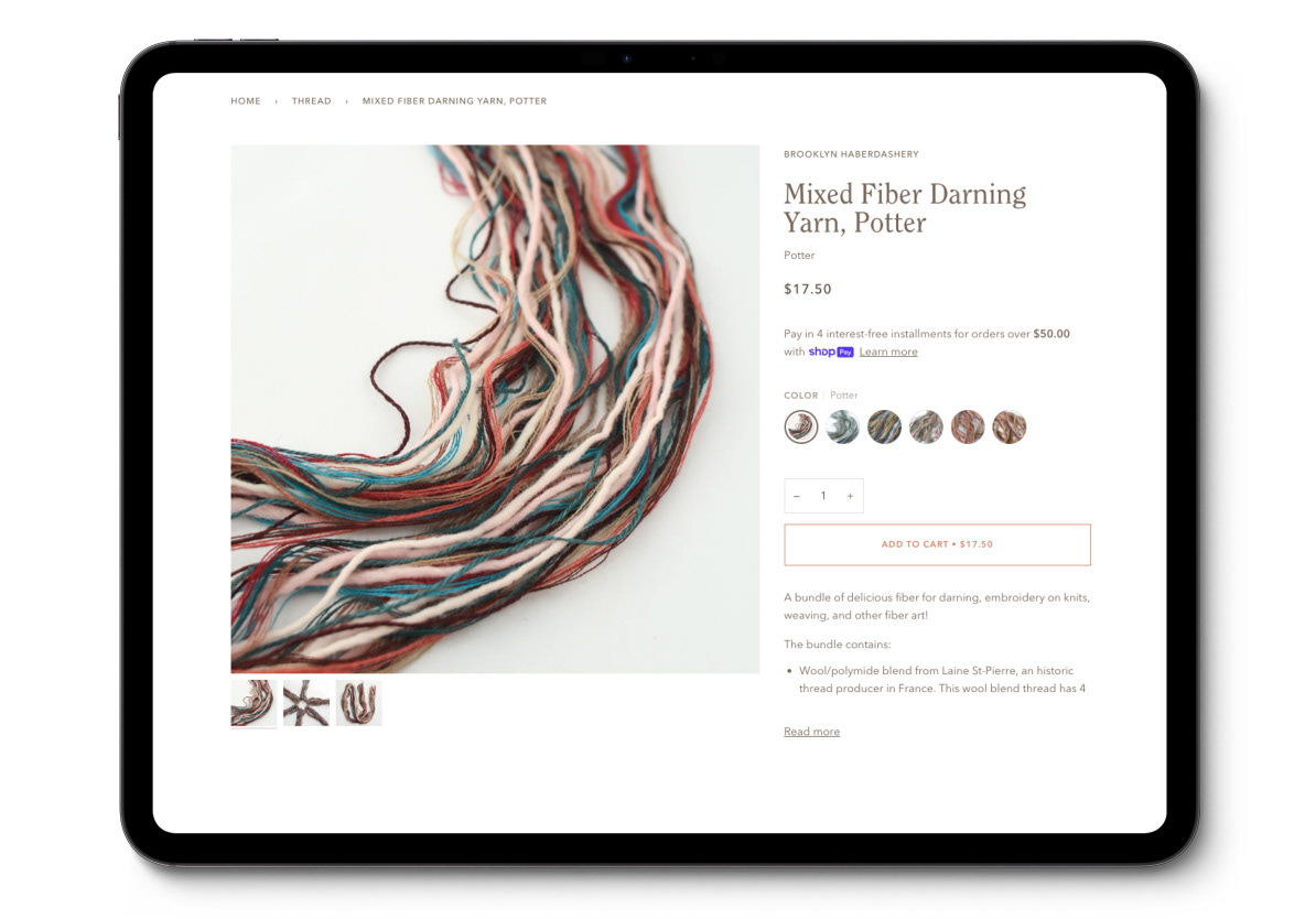 A product page for yarn displaying the color variations as a row of round image swatches.