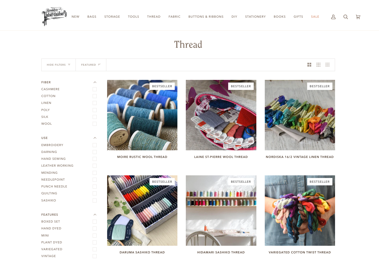 The "Thread" collection page showing filtering options including sorting by "fiber", "use", and "features."
