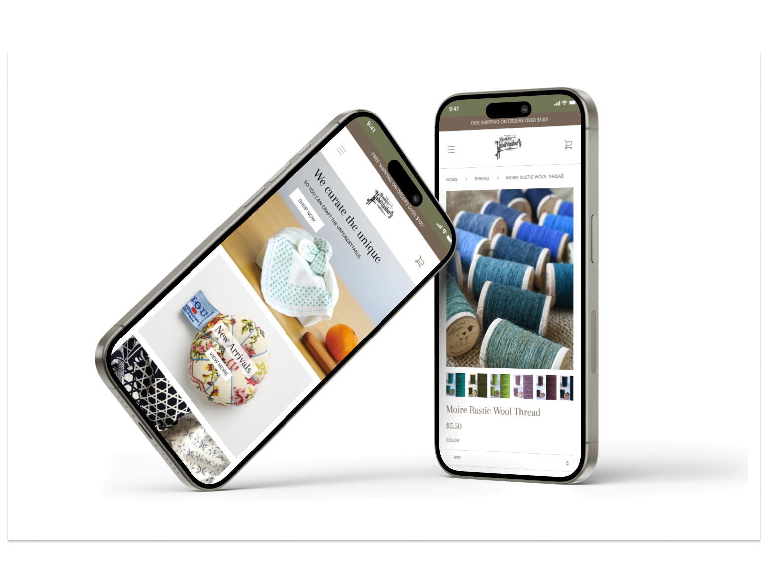 Two smart phones display the website homepage and a product page.