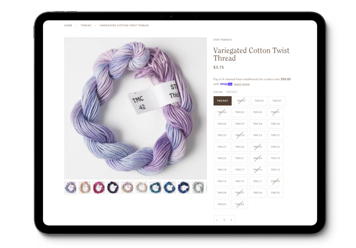 A product page for yarn displaying the color variations as a multiple rows of selection buttons..