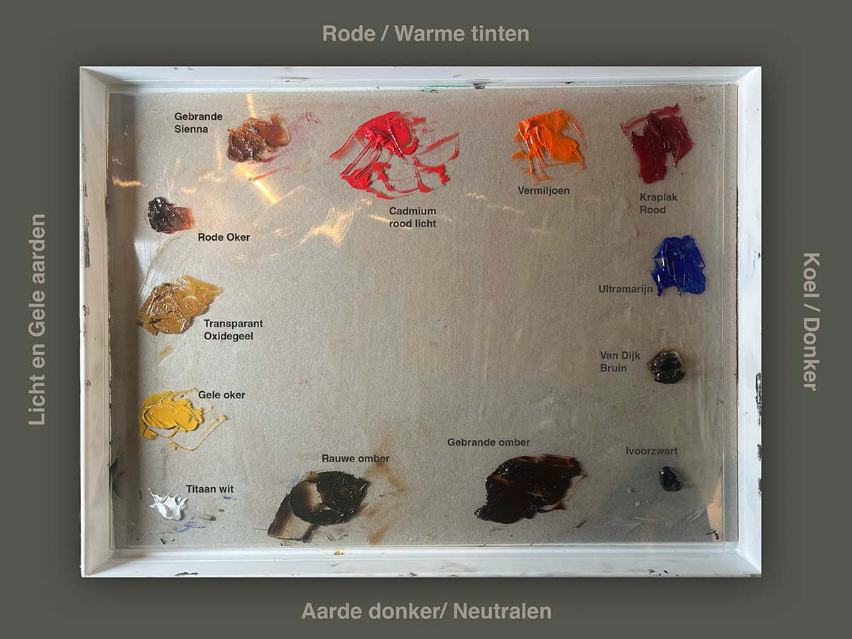 Rangschikking kleuren op een Paletdoos van Masterson met grijs onderblad en glasplaat