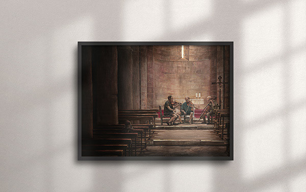 Schilderij met muzikanten tijdens repetitie in kerk