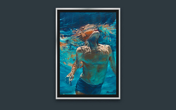 schilderij jongen in zwembad onder water