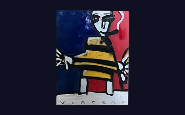 abstract schilderij van een rokende man in bijen trui