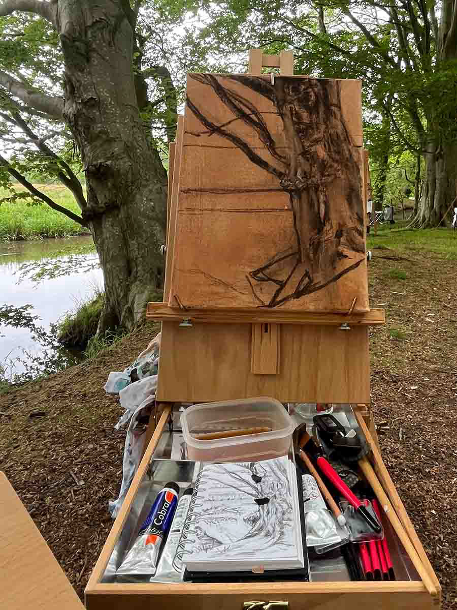 houtskool schets op doek - plein air