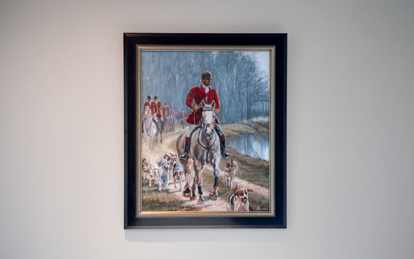 Schilderij van man op paard tijdens slipjacht