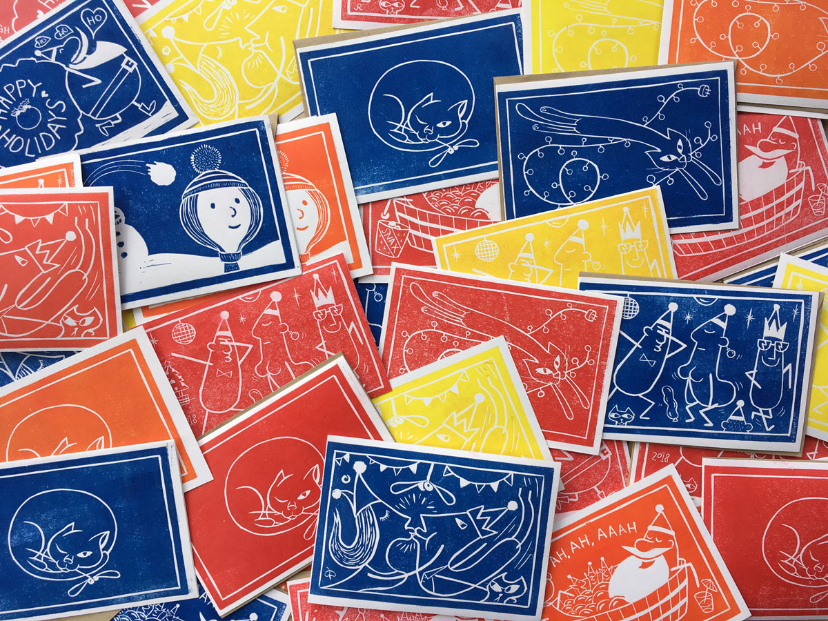 Lino Cut Hand printed Christmas cards