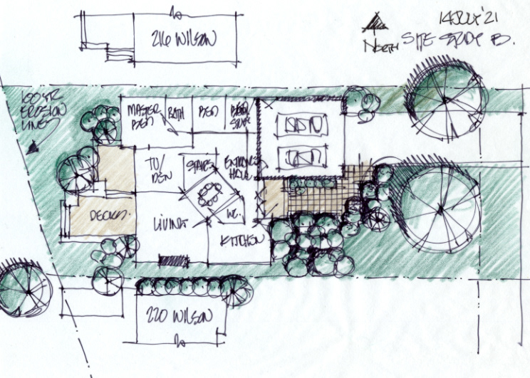 Garage dominates east facade and occupies valuable floor area and views