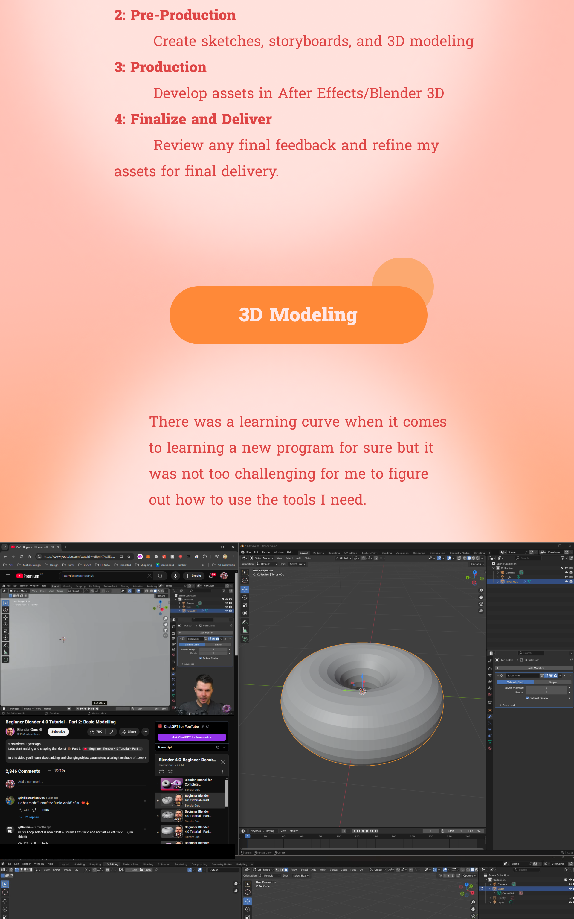 Plan of the project and section describing 3d modeling experience in this project
