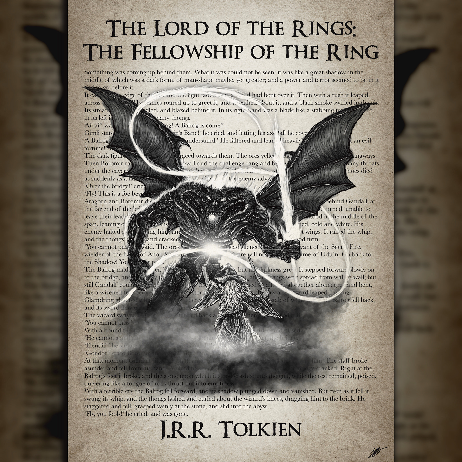 Gandalf confronts the Balrog at The Bridge of Khazad-dûm - Illustration set on the text in which this scene occurs.