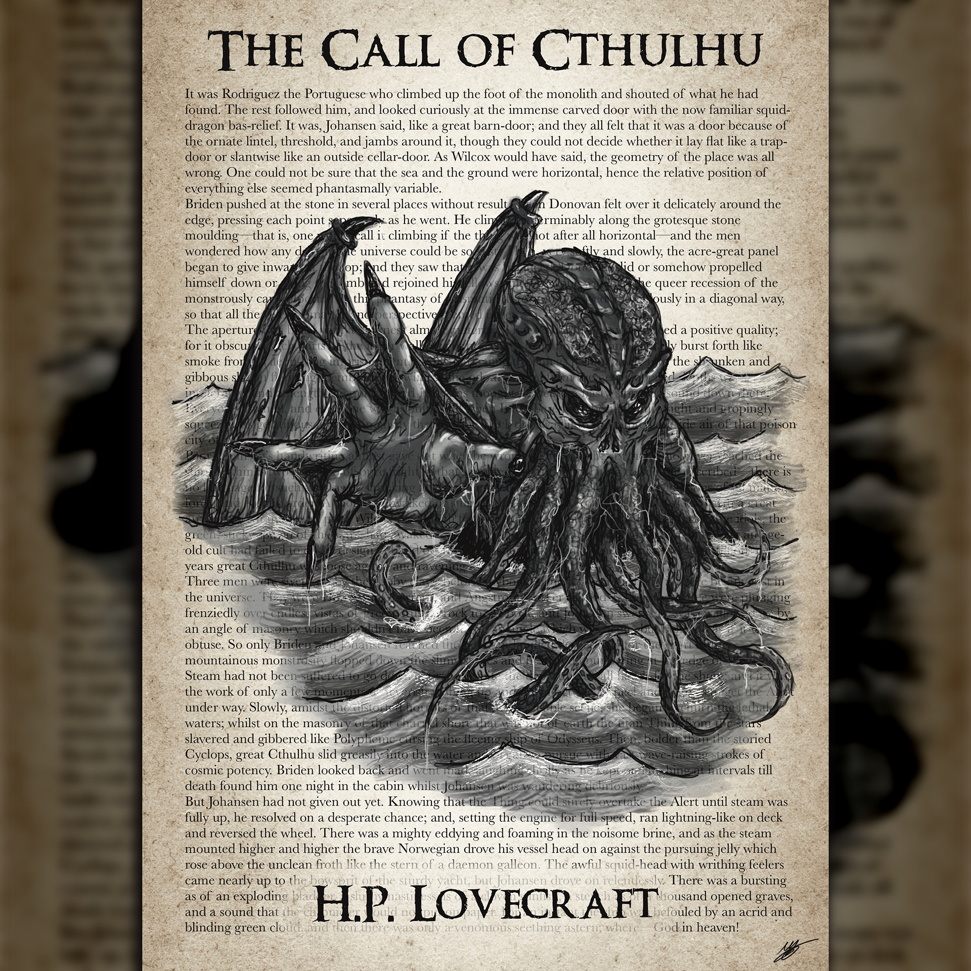 Cthulhu awakens - Illustration set on the text in which this scene occurs.