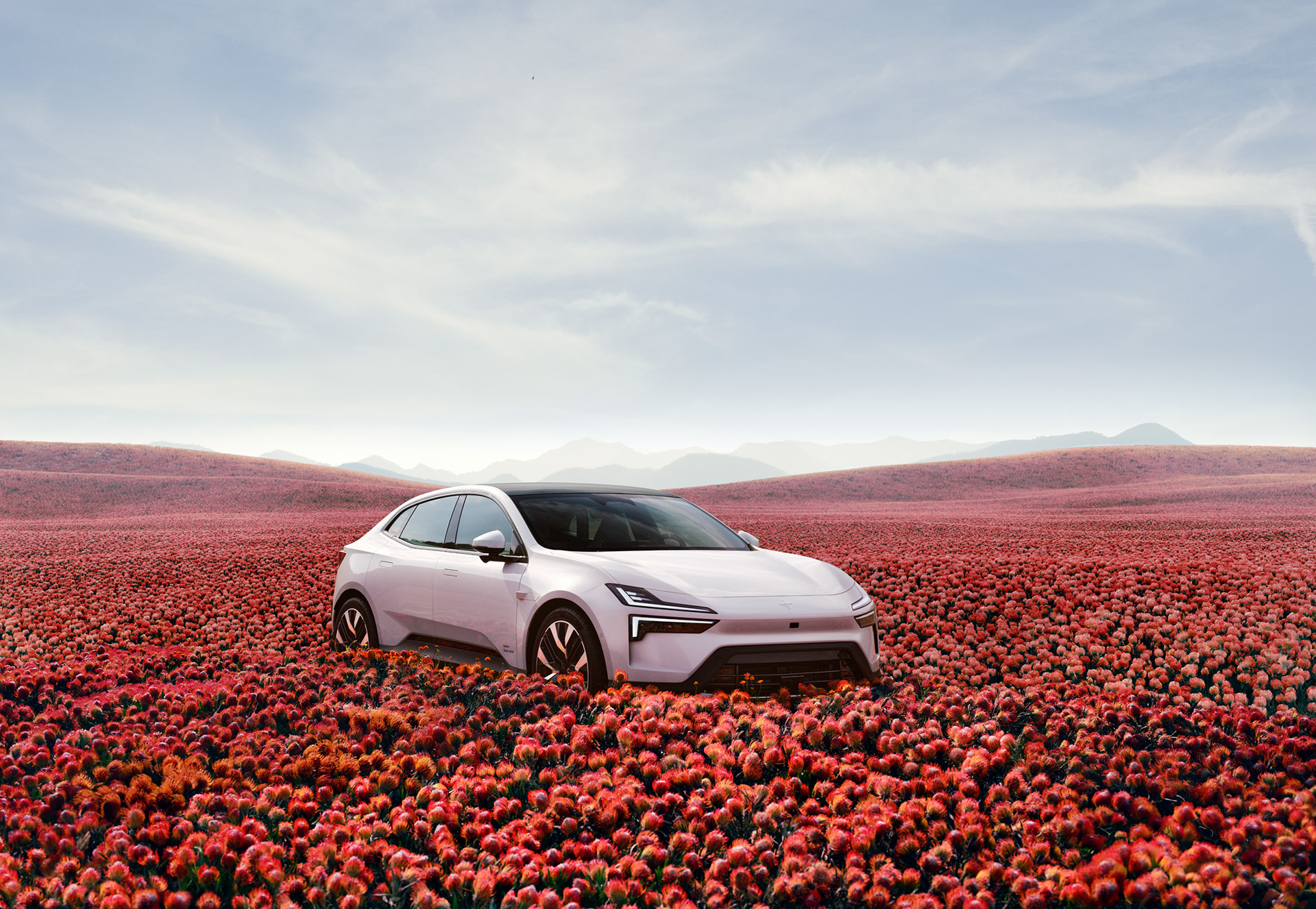 Avancerad retusch av bil, förbättrade reflektioner och färger för att framhäva karossens glans och karaktär, detaljerad skuggning och ljussättning för realistisk effekt samt borttagning av störande element i bakgrunden