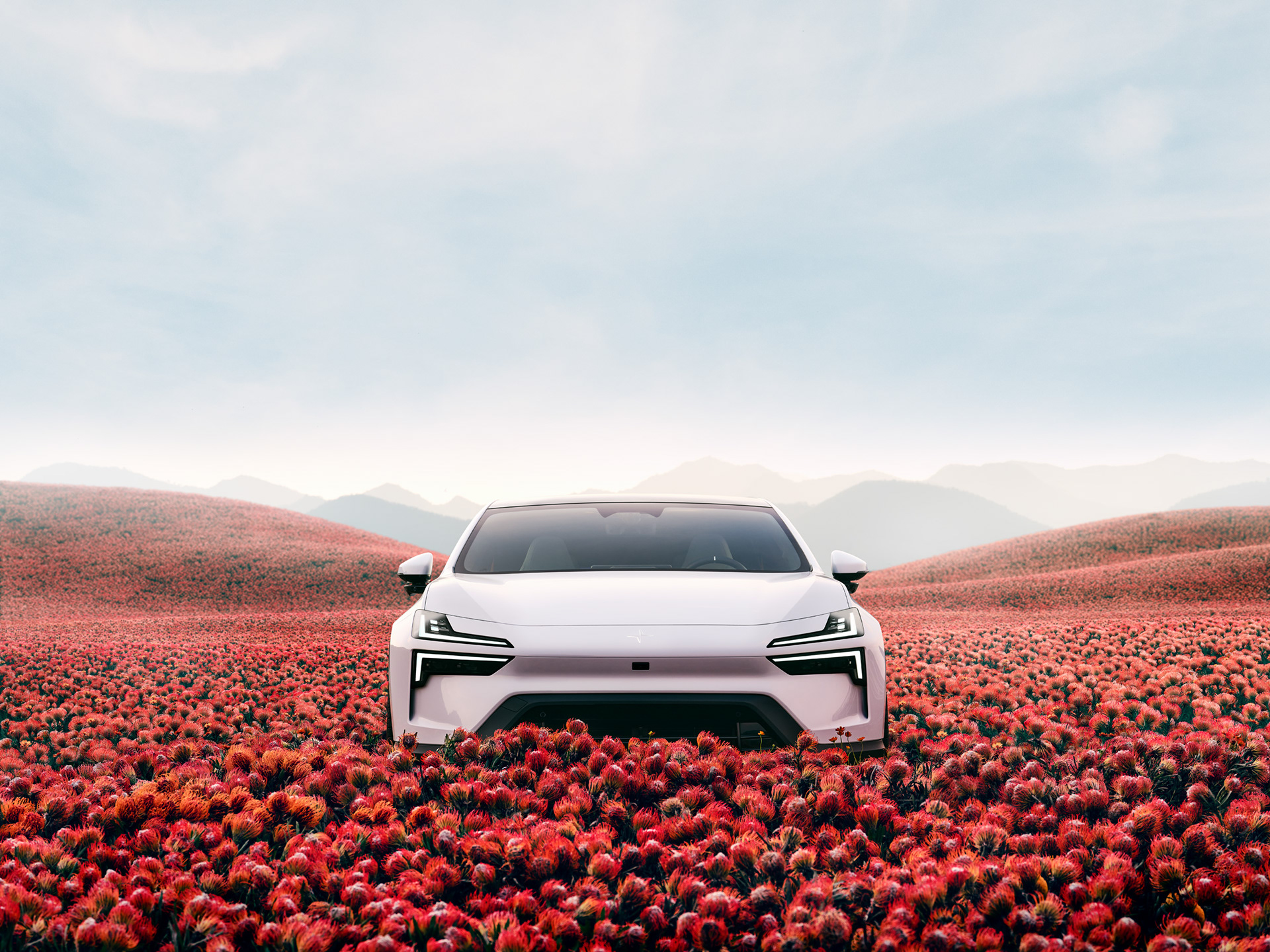 Avancerad retusch av bil, förbättrade reflektioner och färger för att framhäva karossens glans och karaktär, detaljerad skuggning och ljussättning för realistisk effekt samt borttagning av störande element i bakgrunden