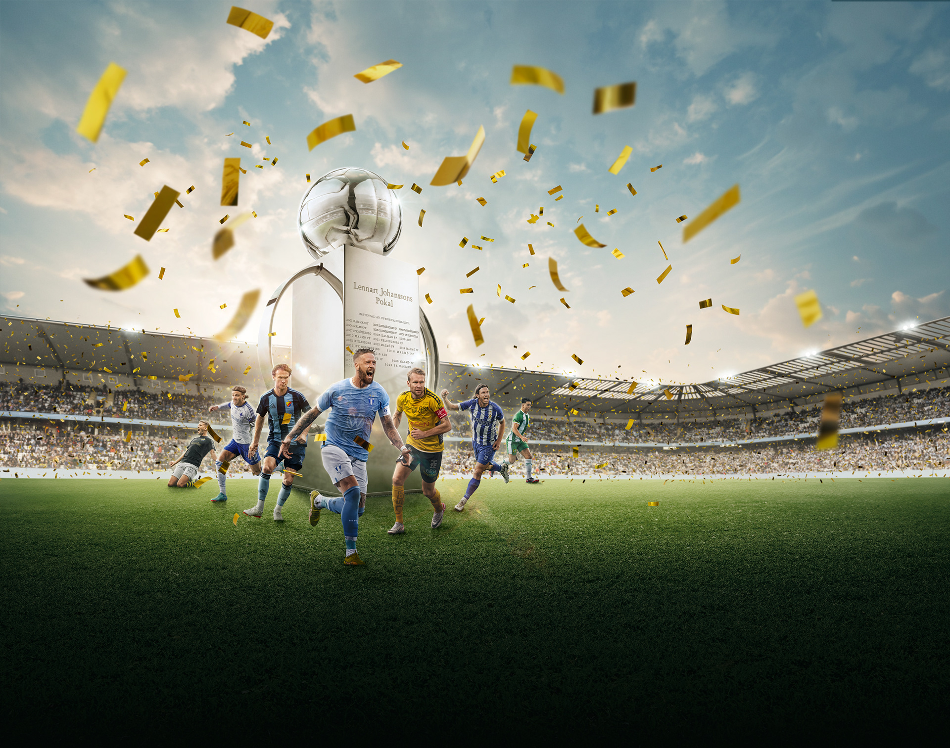 Foto och retusch/montage för allsvenskan 2024. Pokalen fotograferades i studio och övriga delar är byggda i Photoshop