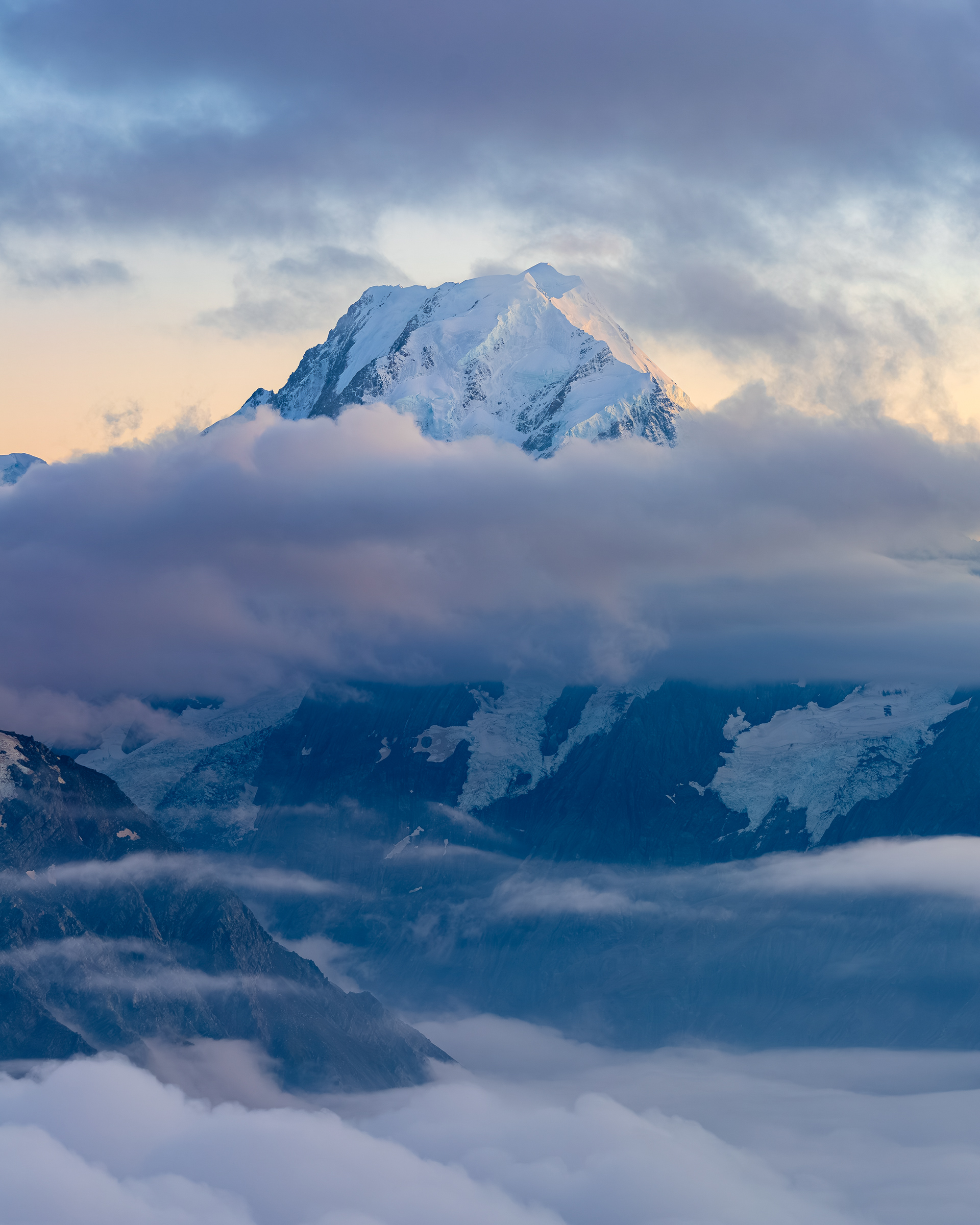 Aoraki Mount Cook rises above the clouds in Mount Cook National Park
