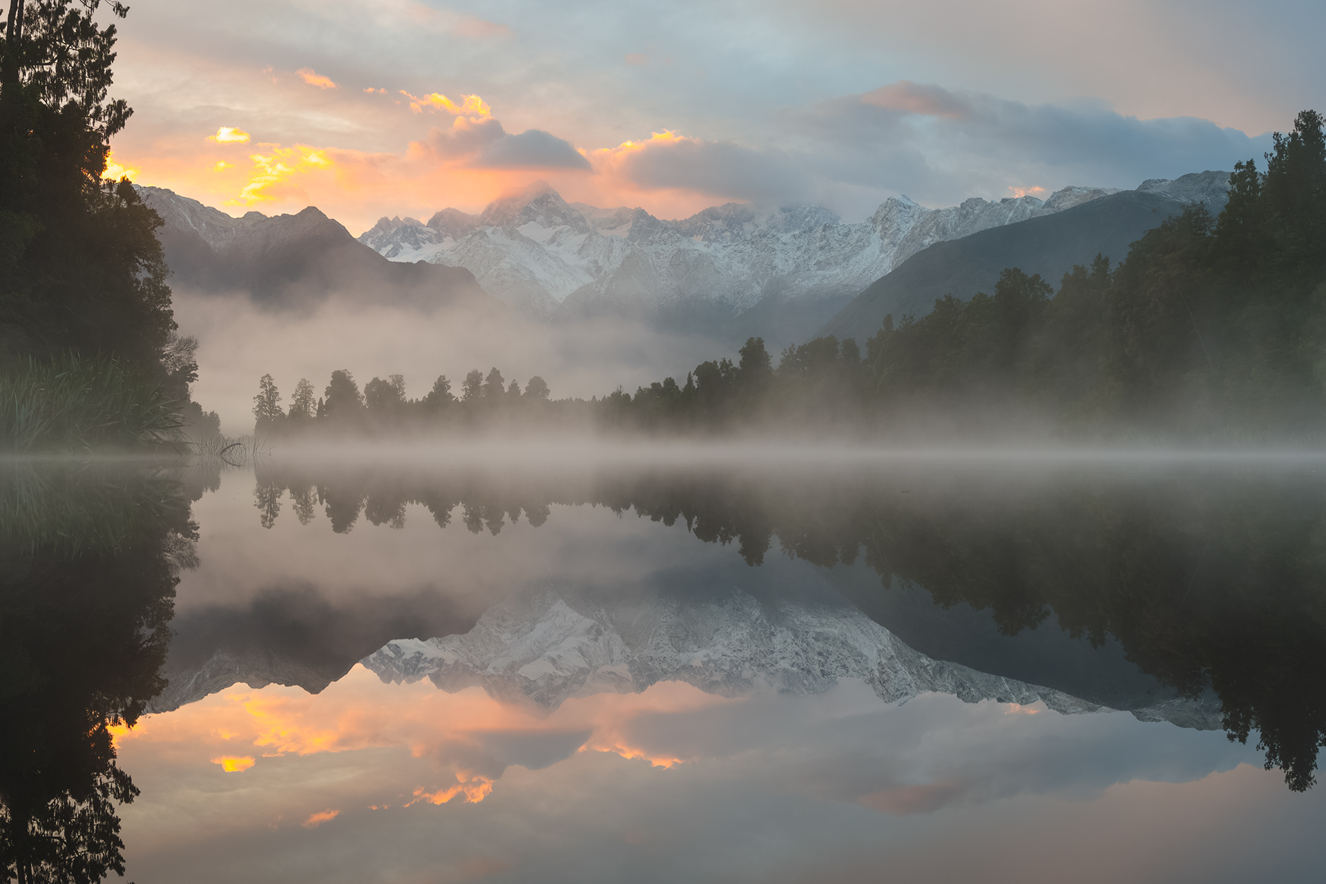 Moody morning on Lake Matheson Westland Tai Poutini National Park