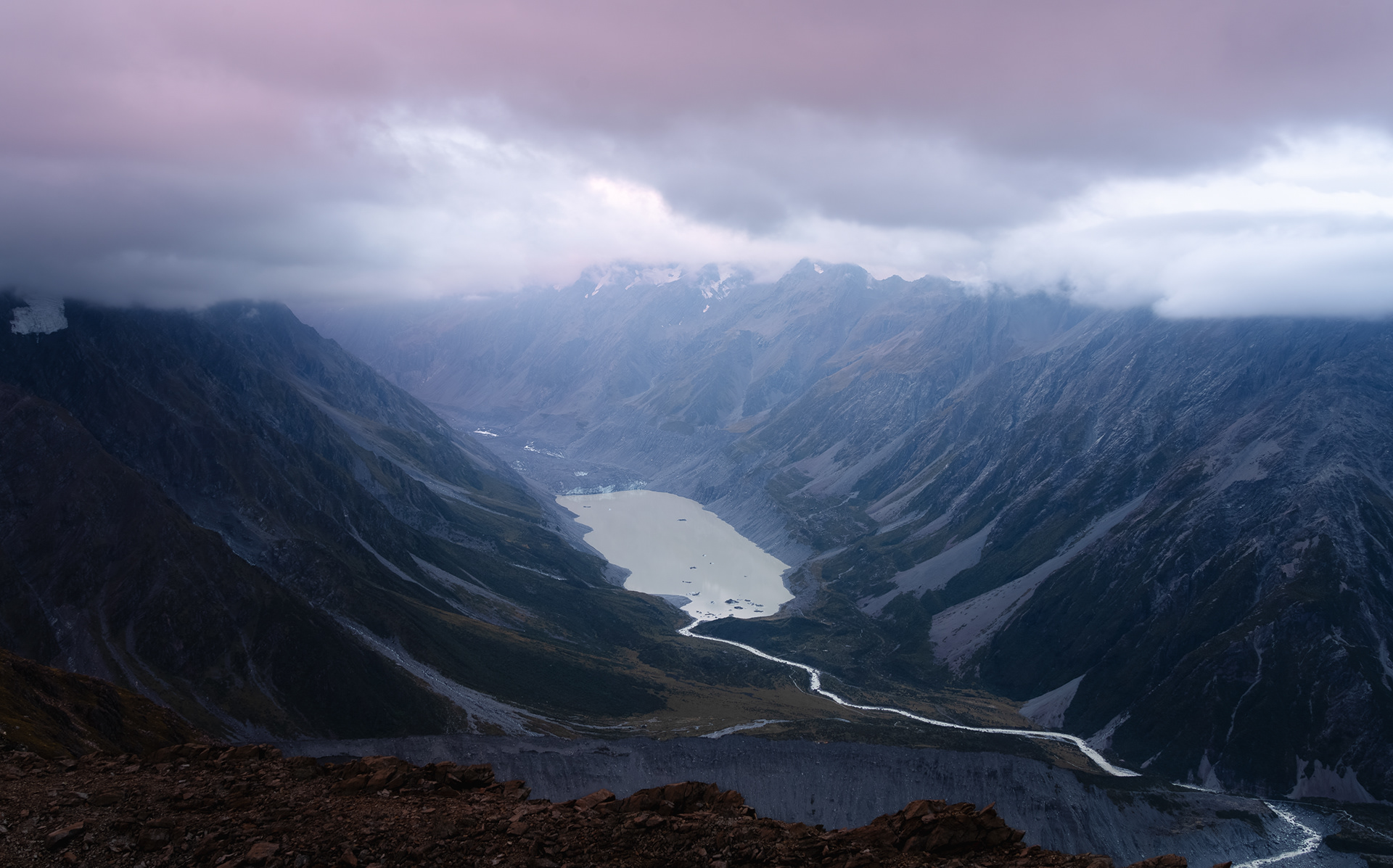 Hooker Lake beneath the clouds from Mueller Hut in Aoraki/Mt Cook National Park
