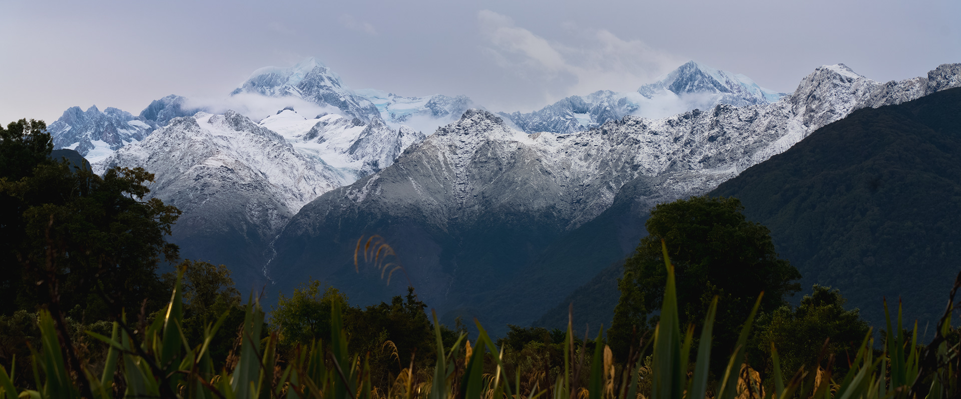 Mount Tasman and Aoraki Mount Cook in the Southern Alps from Fox Glacier