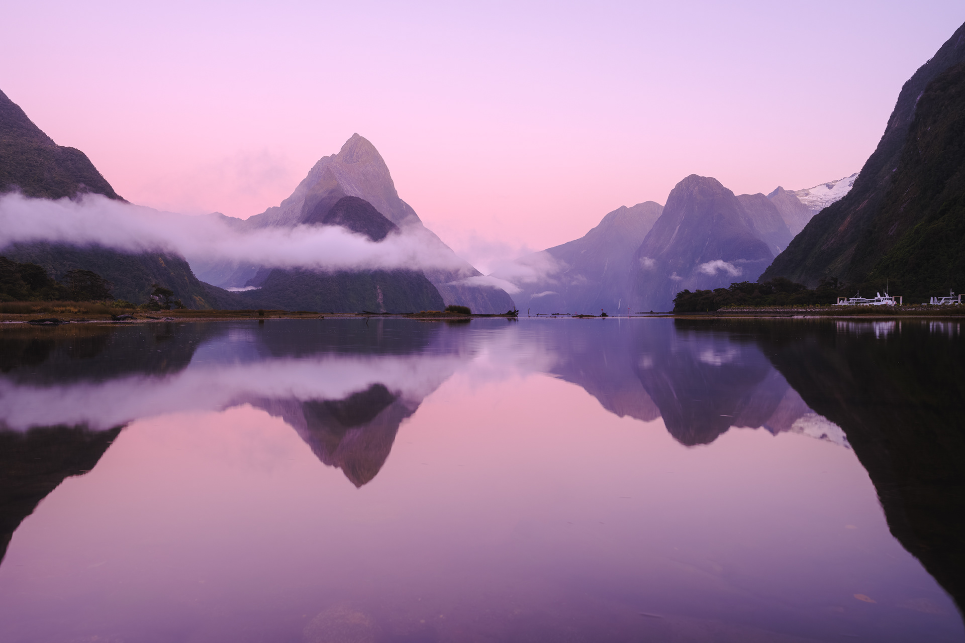 Mitre Peak, The Lion, and The Elephant rise above Milford Sound, Fiordland National Park